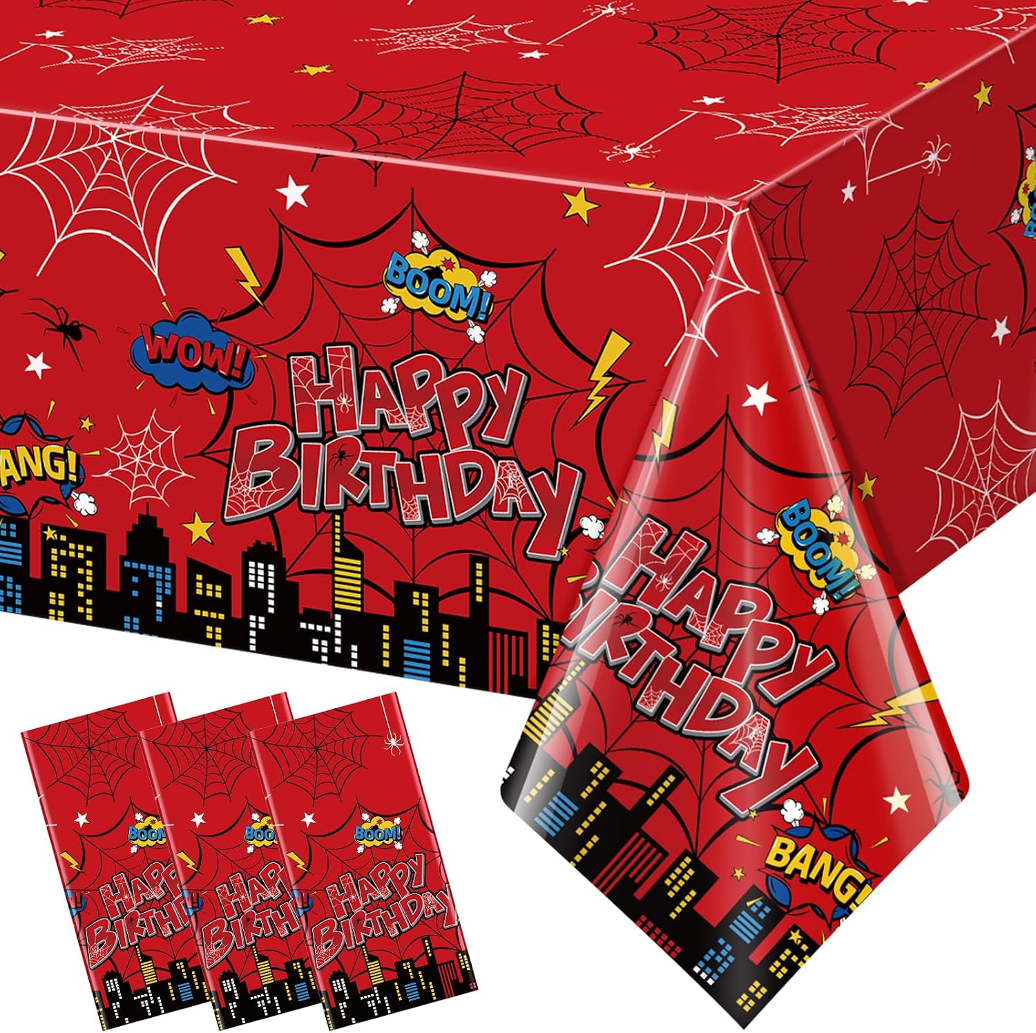 3Pcs Spider Birthday Party Tablecloth Decorations, Disposable Plastic Cartoon Spider Tablecloths Red Table Cover for Rectangle Table Boy’s Birthday Party Supplies, 54x108 inches